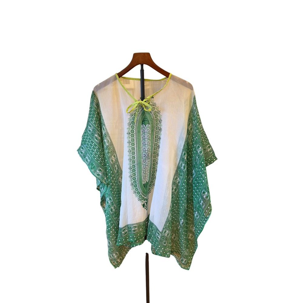 Green White Paisley Medallion Kaftan‎ Poncho Top Beach Cover Up Neon Trim